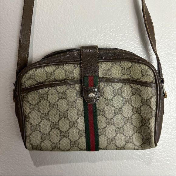 GUCCI Web Sherry Line GG Canvas Shoulder Bag PVC Leather Beige Green Vintage - Picture 5 of 15